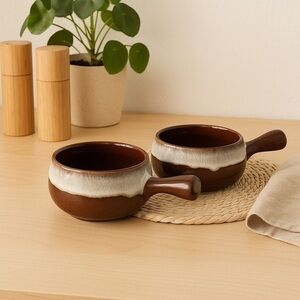 Brown Vintage Stoneware Soup or Chili Bowls with Handles (Set of 2)